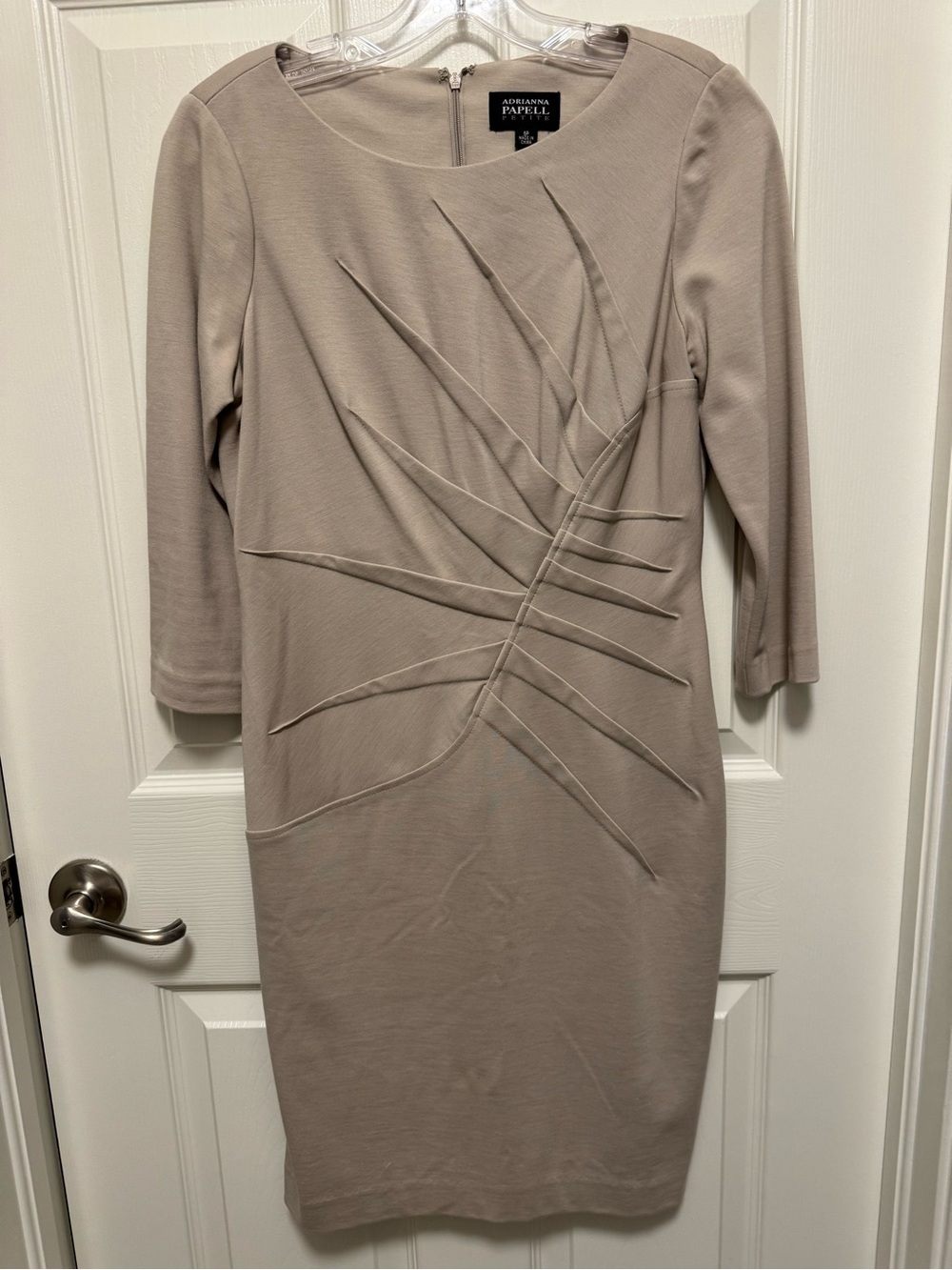 Adrianna Papell Taupe Midi Dress with Pleated Overlay